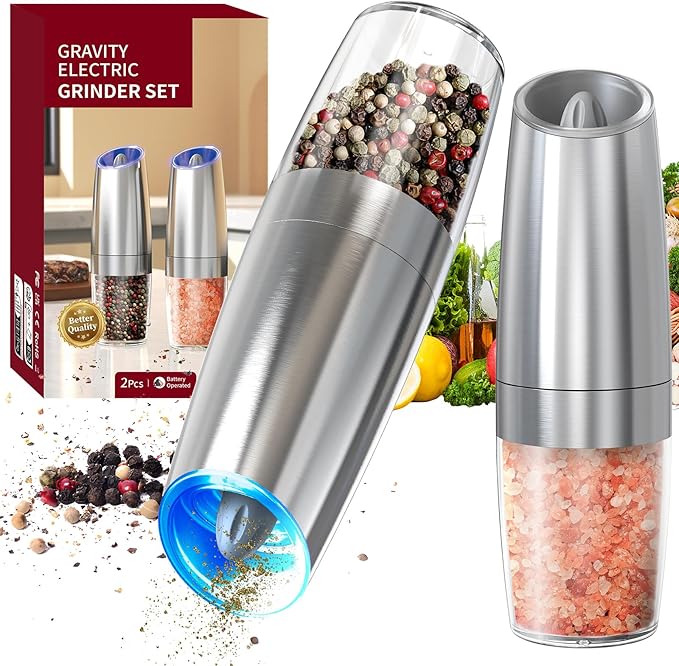 CIRCLE JOY Gravity Electric Salt and Pepper Grinder Set Stainless Steel Automatic Salt and Pepper Grinder Set, Battery Operated, LED Light, Adjustable Coarseness, for Home Kitchen BBQ, Silver