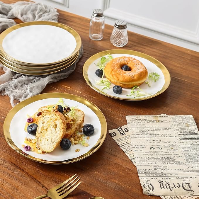 vicrays Ceramic Dessert Salad Plates, 8 Inch, Set of 6, Round, Dishwasher Safe, NOT Microwave Safe, Scratch Resistant, Suitable for Appetizer, Home, Restaurant (White with Golden)