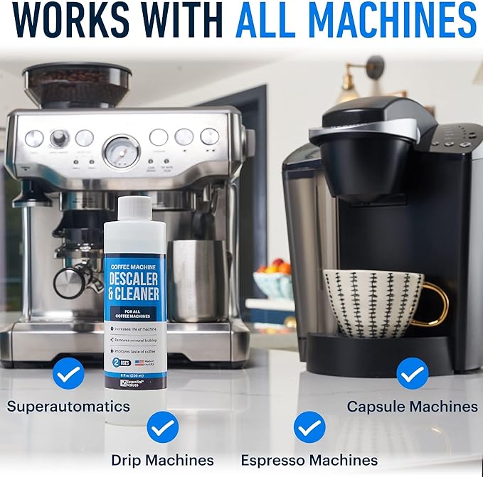 Essential Values Descaling Solution – Coffee Maker Cleaner for Nespresso, Keurig, Breville & More – Works on All Machines & Espresso Makers – Made in USA
