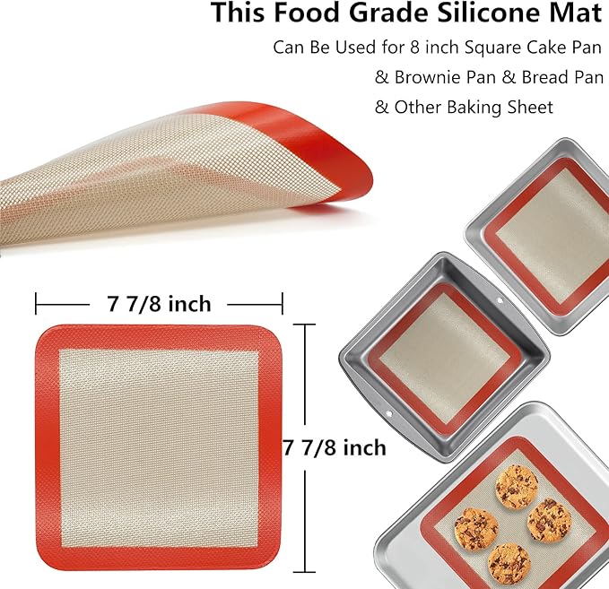 Silicone Baking Mats for 8 inch Square Cake Pan, Non-stick Reusable Cookie Sheet Liner for Baking Pan, Professional Food Grade Oven Liner Sheets Mats for Bread/Toast/Pastry/Cookie/Pie/Pizza 2 PCS 8x8