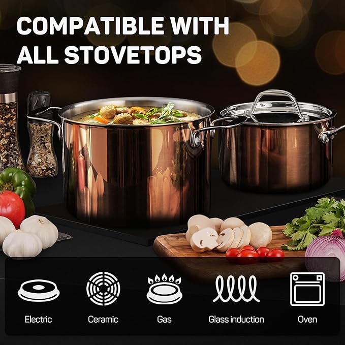 Whole Tri-ply 18/10 Stainless Steel Pot and Pan Set (10 Piece), Copper Pots and Pans Set with Stainless Steel Lid, Induction Cookware Set, Include Stock Pot, Saucepan, Frying Pan - Copper