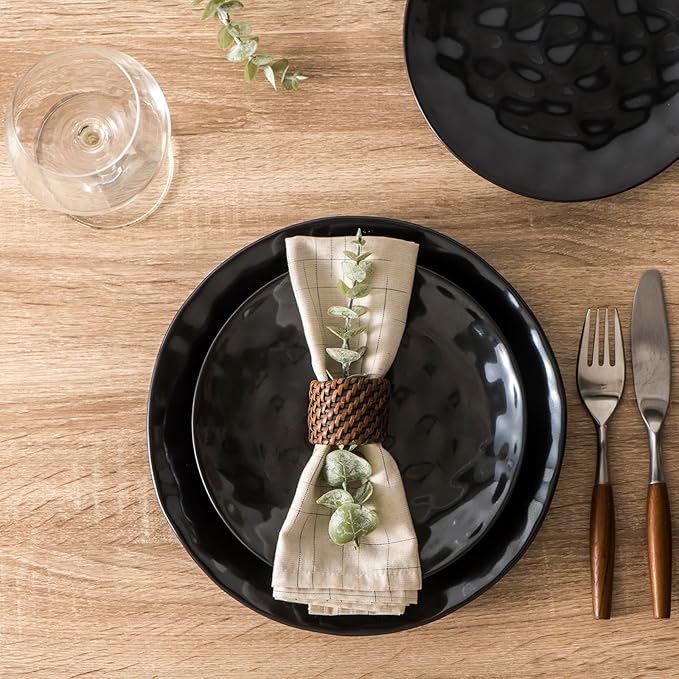 vicrays Ceramic Dessert Salad Plates, 8 Inch, Microwave, Oven, and Dishwasher Safe, Round, Porcelain Fluted Suitable for Snacks, Appetizer, Home, Party, Restaurant - Set of 6 Black