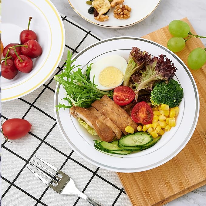 JOLLY PARTY 50 Plastic Bowls with Silver Rim-12oz Disposable Soup Bowls, Christmas Thanksgiving Premium Heavy Duty Plastic Dessert Bowls for Wedding/Party, Silver