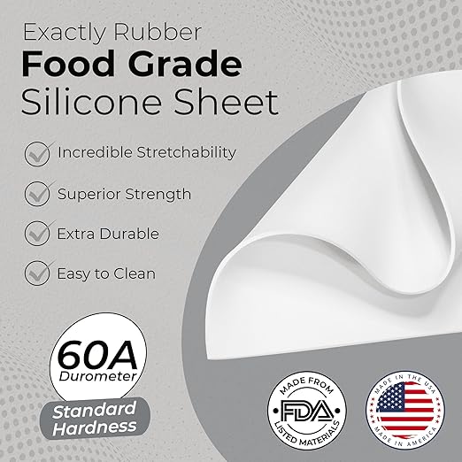 Exactly Rubber - White Silicone Sheet, 60A Durometer Silicone Mat, Food-Grade Rubber Mat with -80 to 450°F Temperature Resistance, 400% Elongation, Silicone Placemat Made in The USA, 1/16 x 9” x 24