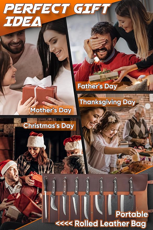 ROCOCO 13PCS Butcher Cleaver Knife Set for Meat Cutting Serbian Chef Viking Boning Knife with Roll Bag for Kitchen Outdoor BBQ Camping Birthday Christmas Father Mother Gift Idea Men