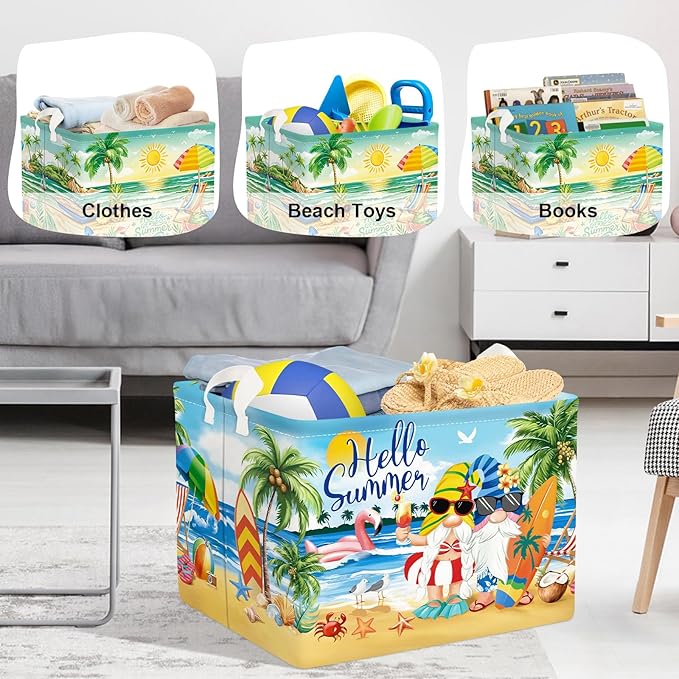 Summer Tropical Beach Storage Basket Collapsible Clothes Kid Laundry Hamper Palm Tree Large Picnic Basket Boy Girl Book Toy Box Bin, Blue, 36L