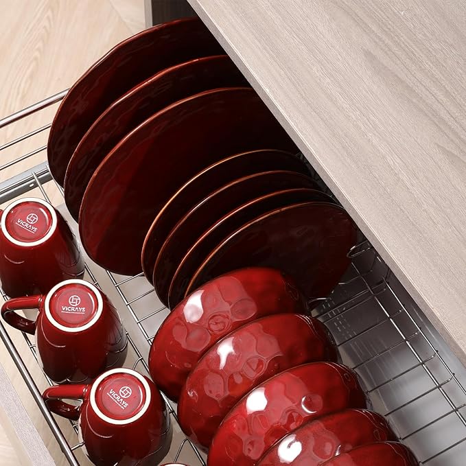 vicrays Ceramic Dessert Salad Plates, 8 Inch, Set of 6, Round, Microwave, Oven, and Dishwasher Safe, Scratch Resistant, Porcelain Fluted Suitable for Snacks, Appetizer, Home, Restaurant (Cherry Red)