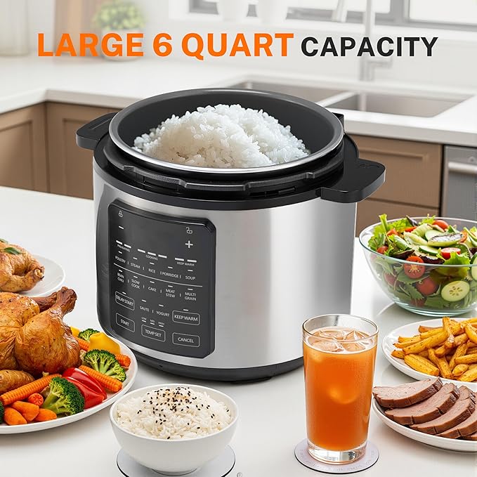 Simple Deluxe 14-in-1 Electric Pressure Cooker - 6QT Stainless Steel Slow & Rice Cooker, Steamer, Sauté, Yogurt Maker, Multi-Cooker with Dishwasher-Safe & Non-Stick