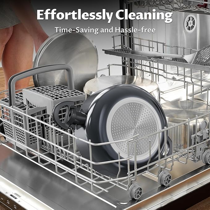 Induction Cookware Pots and Pans Set 10 Piece, BEZIA Dishwasher Safe Nonstick Cooking Pans, Stay-Cool Bakelite Handle, Scratch Resistant Kitchen Sets with Frying Pans, Saucepans & Stockpot (Black)