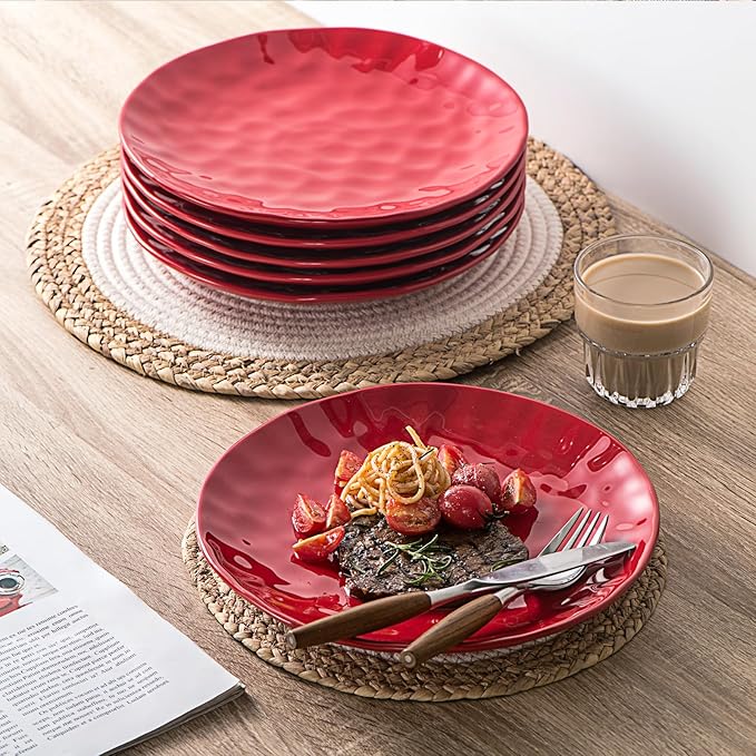vicrays Ceramic Dinner Plates Set, 10 Inch, Microwave, Oven, Dishwasher Safe, Round, Porcelain Fluted Suitable for Steak, Pasta, Pizza, Home, Restaurant - Set of 6 Red