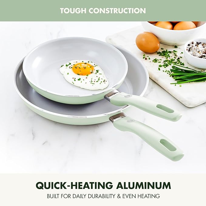 GreenPan Dover 8” & 10” 2 Piece Frying Pan Skillet Set, Non-Toxic PFAS-Free Ceramic Nonstick Coating, Sear Saute Fry Egg Omlete, Dishwasher & Oven Safe, Stay Cool Handle, Easy Pour Rims, Pastel Green