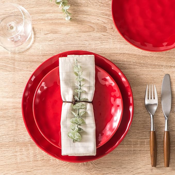 vicrays Ceramic Dessert Salad Plates, 8 Inch, Microwave, Oven, and Dishwasher Safe, Round, Porcelain Fluted Suitable for Snacks, Appetizer, Home, Party, Restaurant - Set of 6 Red