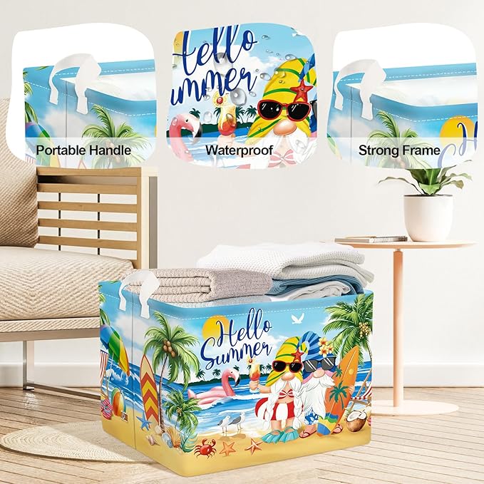 Summer Tropical Beach Storage Basket Collapsible Clothes Kid Laundry Hamper Palm Tree Large Picnic Basket Boy Girl Book Toy Box Bin, Blue, 36L