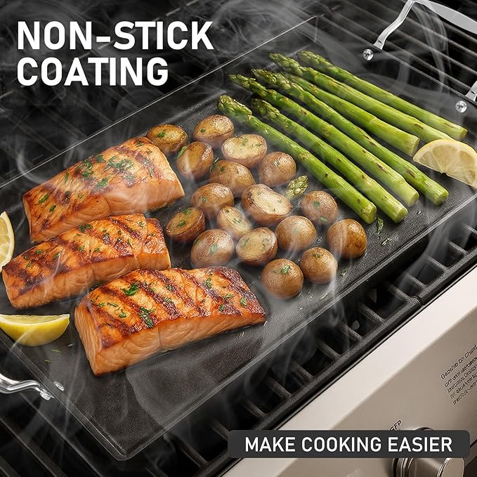 Utheer Upgraded Nonstick Cast Iron Griddle for Gas Grill, 26.7 x8.6" Double Burner Griddle Flat Top Grill Plate for Gas/Electric/Charcoal, Lightweight, Durable, Easy to Clean, for Stovetop,Camping,BBQ