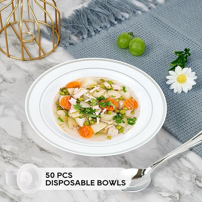 JOLLY PARTY 50 Plastic Bowls with Silver Rim-12oz Disposable Soup Bowls, Christmas Thanksgiving Premium Heavy Duty Plastic Dessert Bowls for Wedding/Party, Silver