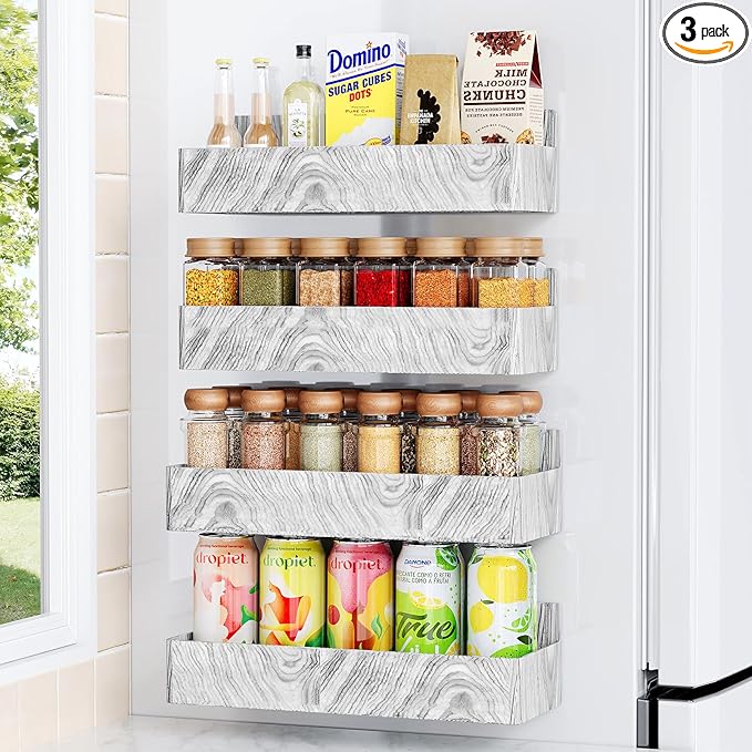 Magnetic Spice Rack for Refrigerator, Kitchen Organizer and Storage Shelf, Wood White(4 Pack)