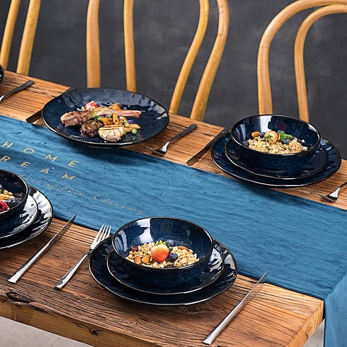 vicrays Ceramic Dessert Salad Plates, 8 Inch, Set of 6, Round, Microwave, Oven, and Dishwasher Safe, Scratch Resistant, Porcelain Fluted Suitable for Snacks, Appetizer, Home, Restaurant (Blue)