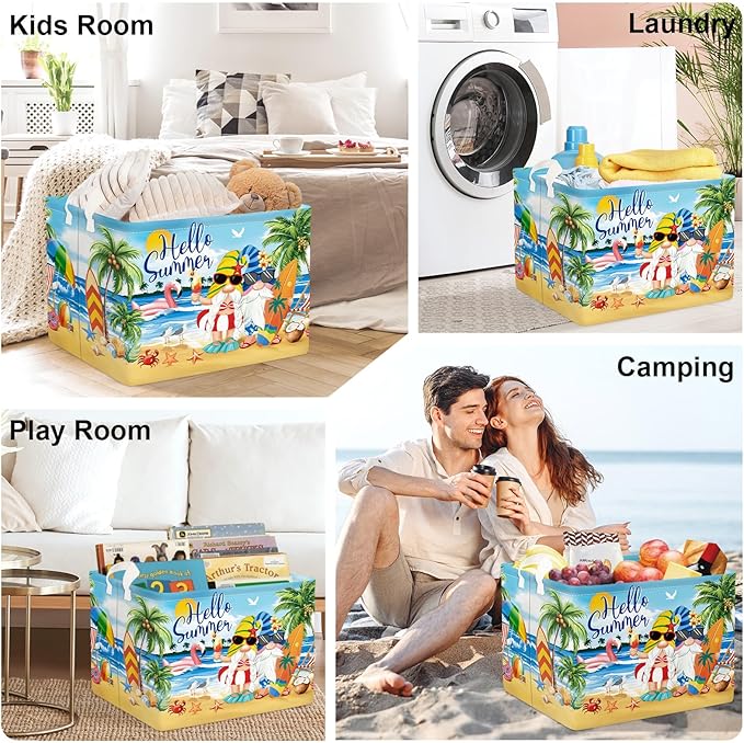 Summer Tropical Beach Storage Basket Collapsible Clothes Kid Laundry Hamper Palm Tree Large Picnic Basket Boy Girl Book Toy Box Bin, Blue, 36L