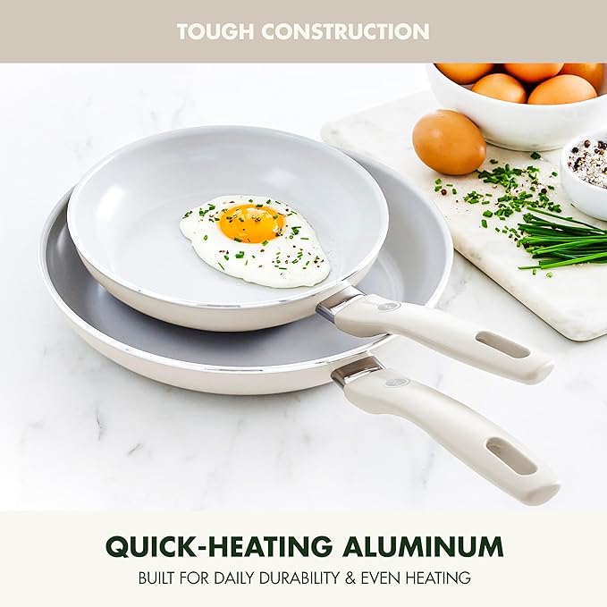 GreenPan Dover 8” 10” 2 Piece Frying Pan Skillet Set, Non-Toxic PFAS-Free Ceramic Nonstick Coating, Sear Saute Fry Egg Omlete, Dishwasher & Oven Safe, Stay Cool Handle, Easy Pour Rims, Cream White