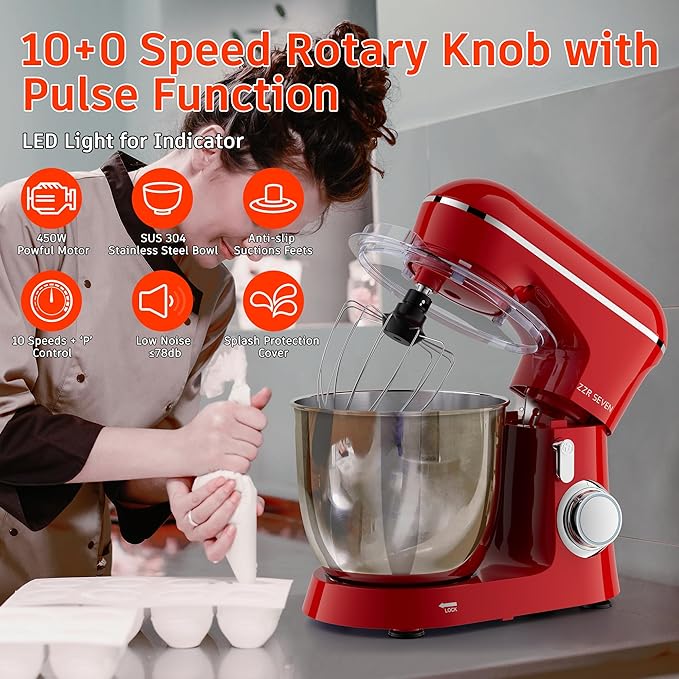 Stand Mixer, 5.5 Quart, 10 Speed Tilt-Head Food Mixer, Kitchen Electric Mixer with SS Bowl, Copper Motor, Beater, Dough Hook, SS Egg Whisk (450W Red)