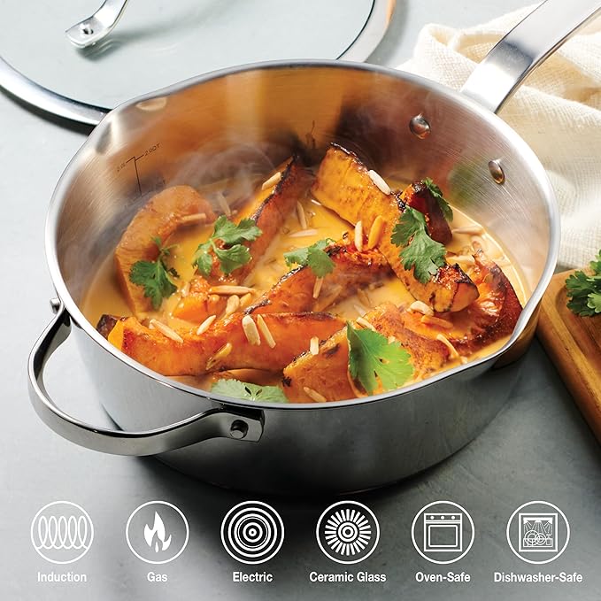 Tramontina Tempo Tri-Ply Base Stainless Steel 3.5-Quart Saute Pan with Glass Lid, Induction-Ready Cooking Pan, Oven-Safe, Dishwasher-Safe