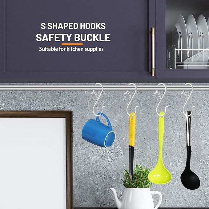 12 PCS S Hooks for Hanging with Safety Buckle, 3.5 inch Heavy Duty Metal S Shaped Hooks Stainless Steel for Hanging Kitchen Utensil, Cups, Pots, Plants, Bags, Hats (White)