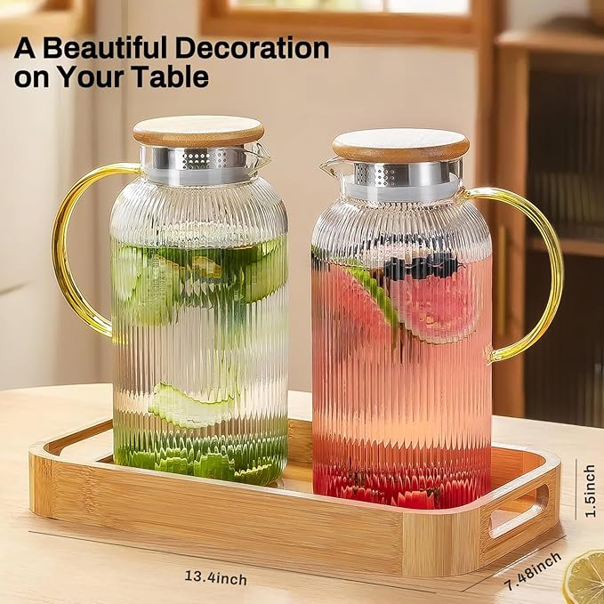 Glass Pitcher with Lid, 2 PACK 68 oz/2 Liter Vertical Water Pitcher With Serving Tray, Clear Borosilicate Glass Water Carafe for Cold Brew, Coffee, Lemonade, Iced Sun Tea,Beverage,Heat Resistant