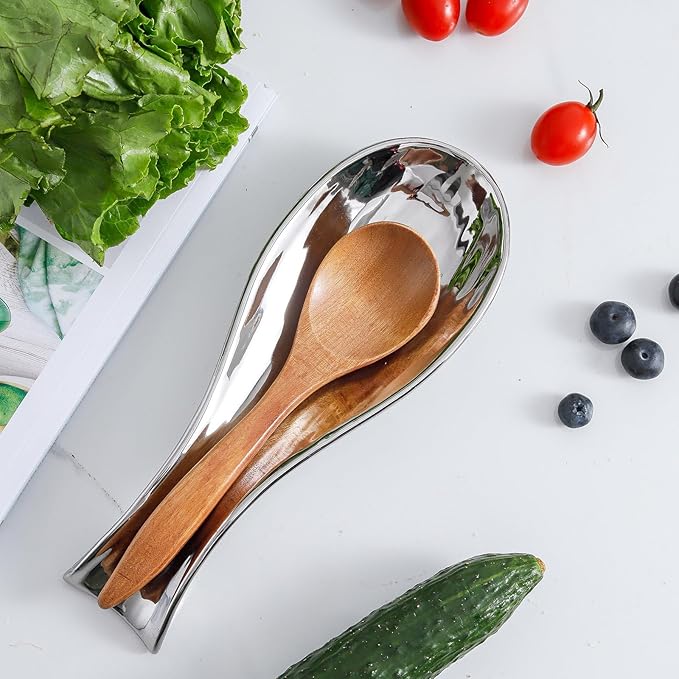 Hasense Spoon Rest for Stove Top, Large Ceramic Spoon Holder for Kitchen Counter, Cooking Utensil Rest for Spatula Ladle Spoon and Tong, Kitchen Spoon Rest for Home and Coffee Bar Accessories, Silver