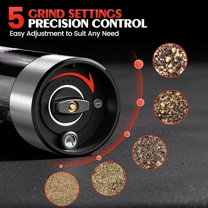 Stainless Steel Electric Salt and Pepper Grinder Set-One-Touch Battery Operated Mill with Adjustable Coarseness & LED Light, Sleek & Durable Grinder for Kitchen New Home Gift Ideas (2 Pack)