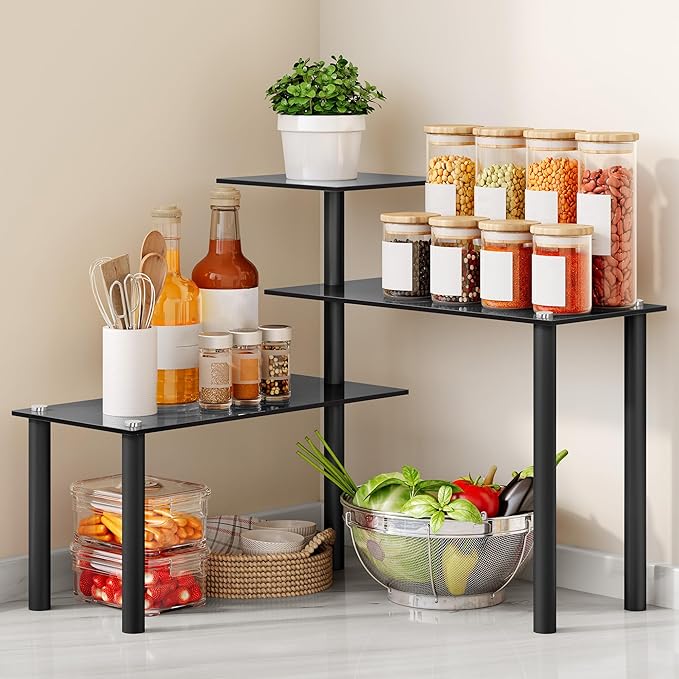 FAVOOSTY Kitchen Counter Shelf, 3 Tier Bathroom Countertop Organizer Moveable Corner Shelf, Tempered Glass Storage Shelf, Space Saving Makeup Organizer Spice Rack Plant Shelf Coffee Bar Dresser Table