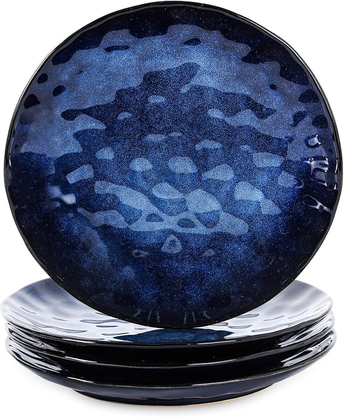 vicrays Ceramic Dinner Plates Set, 10.5 Inch, Set of 4, Round, Microwave, Oven, Dishwasher Safe, Porcelain Fluted Suitable for Steak, Pasta, Pizza, Home, Party, Restaurant (Blue)