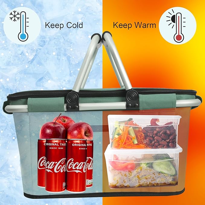 Picnic Basket, SIYUAN Collapsible Shopping Basket with Handles 27L Large Market Basket with Lid Reusable Folding Grocery Basket Insulated Cooler Bag, Green