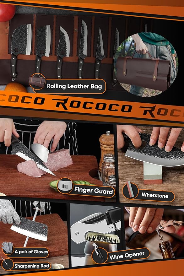 ROCOCO 13PCS Butcher Cleaver Knife Set for Meat Cutting Serbian Chef Viking Boning Knife with Roll Bag for Kitchen Outdoor BBQ Camping Birthday Christmas Father Mother Gift Idea Men