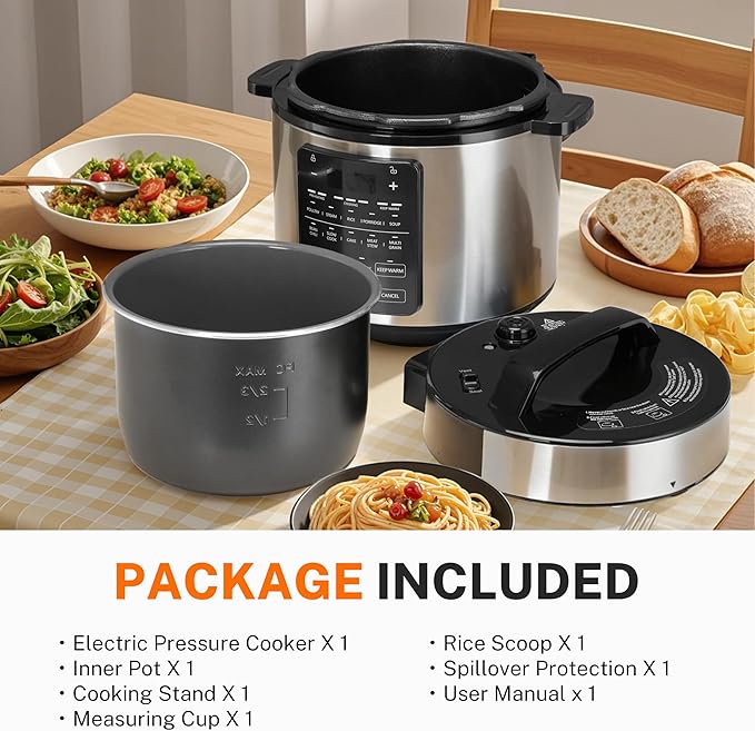 Simple Deluxe 14-in-1 Electric Pressure Cooker - 6QT Stainless Steel Slow & Rice Cooker, Steamer, Sauté, Yogurt Maker, Multi-Cooker with Dishwasher-Safe & Non-Stick