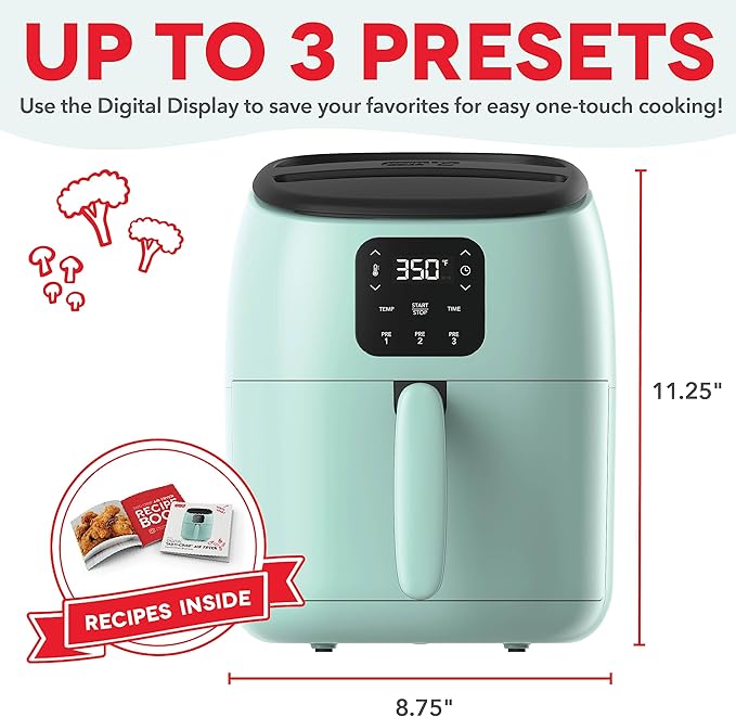 DASH Tasti-Crisp™ Electric Air Fryer Oven, 2.6 Qt., Aqua – Compact Air Fryer for Healthier Food in Minutes, Ideal for Small Spaces - Auto Shut Off, Digital, 1000-Watt