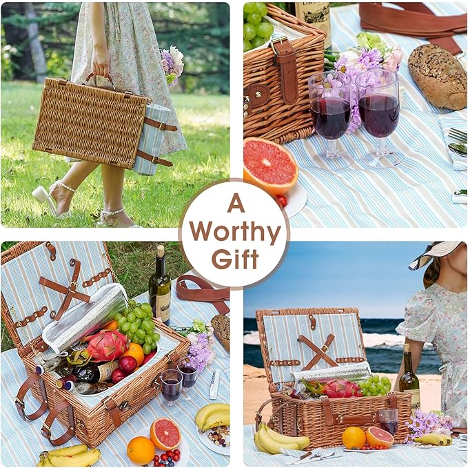 Picnic Cooler Basket Set for 2 Persons with Large Waterproof Picnic Blanket, Cutlery Service Kit and Adjustable Strap