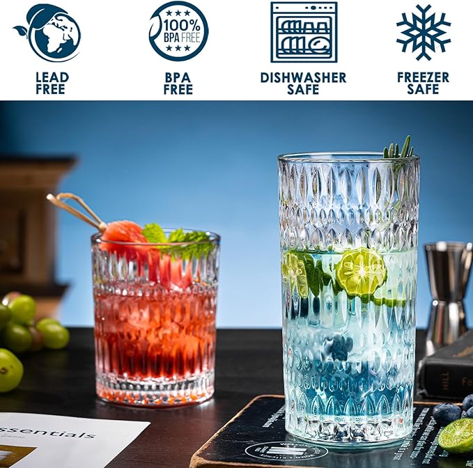 Drinking Glasses, 8 Piece Crystal Glass Cups, Mixed Glassware Set, 4 pcs 13oz Highballs and 4 pcs 11oz Old Fashioned Whiskey Glasses, Great for Cocktail, Whisky and other Beverages