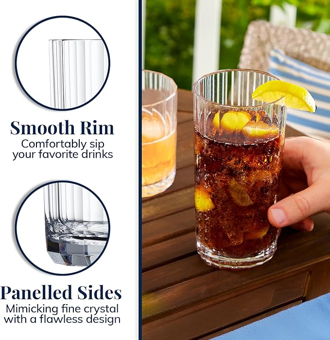 US Acrylic Faceted Clear Plastic Reusable Drinking Glasses (Set of 8) 14oz Rocks & 18oz Water Cups | BPA-Free Tumblers, Made in USA | Top-Rack Dishwasher Safe