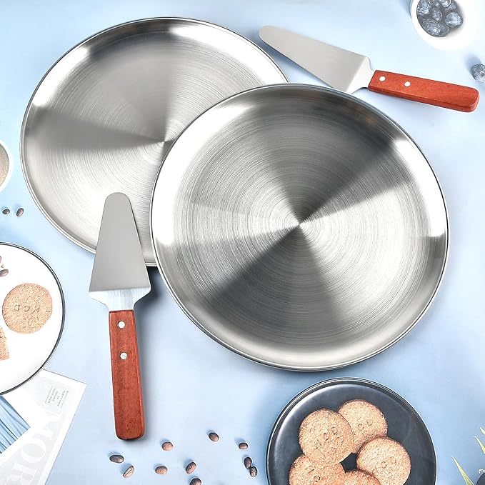 8Pcs 12 Inch Pizza Pan, Stainless Steel Pizza Serving Tray with 4pcs Pizza Spatula, Round Non-Stick Coating Pizza Plate for Baking Cake Pie Serving Tableware Kitchen Home Restaurant