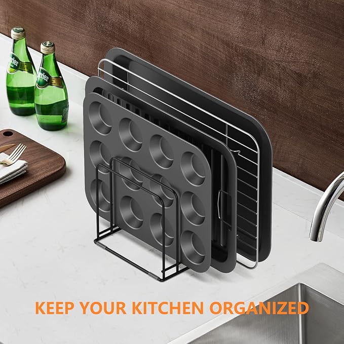 Kitchen Cabinet Organizer, Steel Cookware Holder, Divided Holder with 5 Slots for Skillets Baking Tray and Chopping Board Rack - Baking Pan Holder Storage (2 PCS)