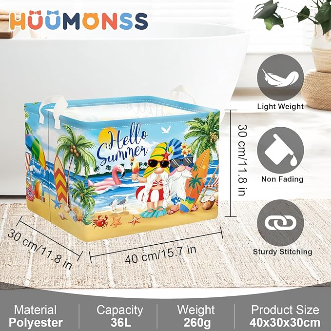 Summer Tropical Beach Storage Basket Collapsible Clothes Kid Laundry Hamper Palm Tree Large Picnic Basket Boy Girl Book Toy Box Bin, Blue, 36L