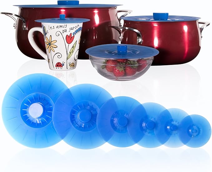 Silicone Lids Extra Large Blue Set of 6 Sturdy Suction Seal Covers. Universal fit for Pots, Fry Pans, Cups and Bowls 5" to 12". Natural grip handles that interlock for easy use and storage. Food Safe.