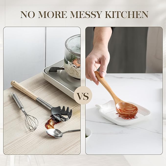 MALACASA Spoon Rest, Large Spoon Rests for Stove Top, Porcelain Spoon Holder for Kitchen Counter, Utensils Rests, Cooking Spoon Holders for Spatula Ladle Tongs, Ivory White, Series REGULAR