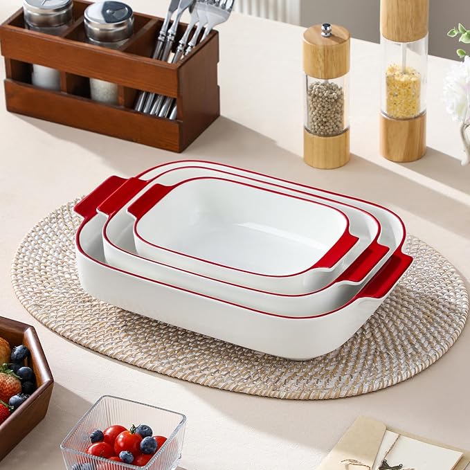 MALACASA Casserole Dishes for Oven, Ceramic Baking Dishes Set of 3, Rectangular Lasagna Pan Deep Baking Pans, Bakeware Sets with Handles Gift Set, White with Red Trim (13.8''/11.7''/9.4''), Series BAKE