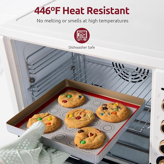 446ºF Heat Resistant Macaron Mat: U-Taste 11x11in Non Stick Silicone Baking Mat, Reusable Cookies Pastry Sheet Liner with Edge Enhancement & Circle Measurement for Square Cake Pan (2 PCS, Red)