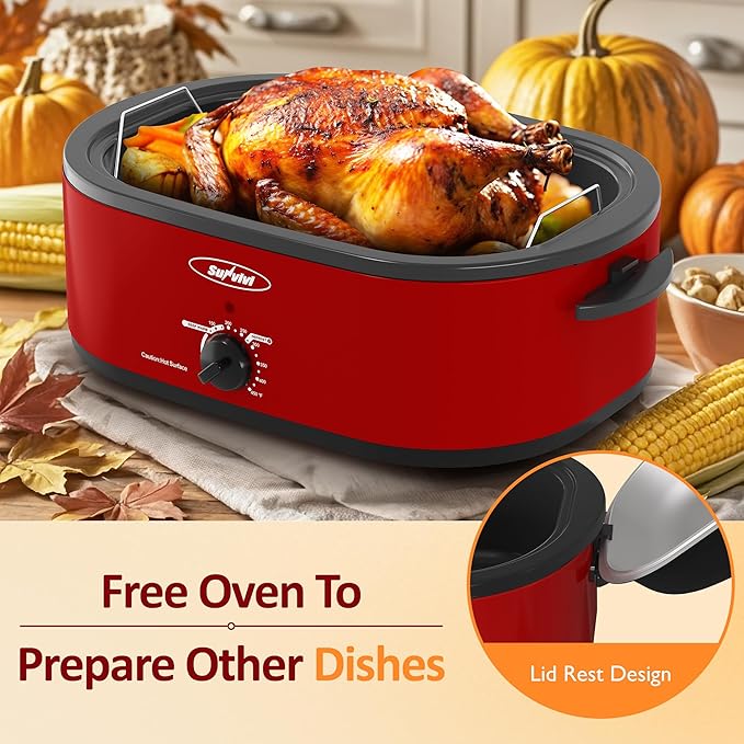 Sunvivi 18-Quart Roaster Oven with Self-Basting Lid, Electric Turkey Roaster Oven with Removable Pan and Rack, Stainless Steel, Red