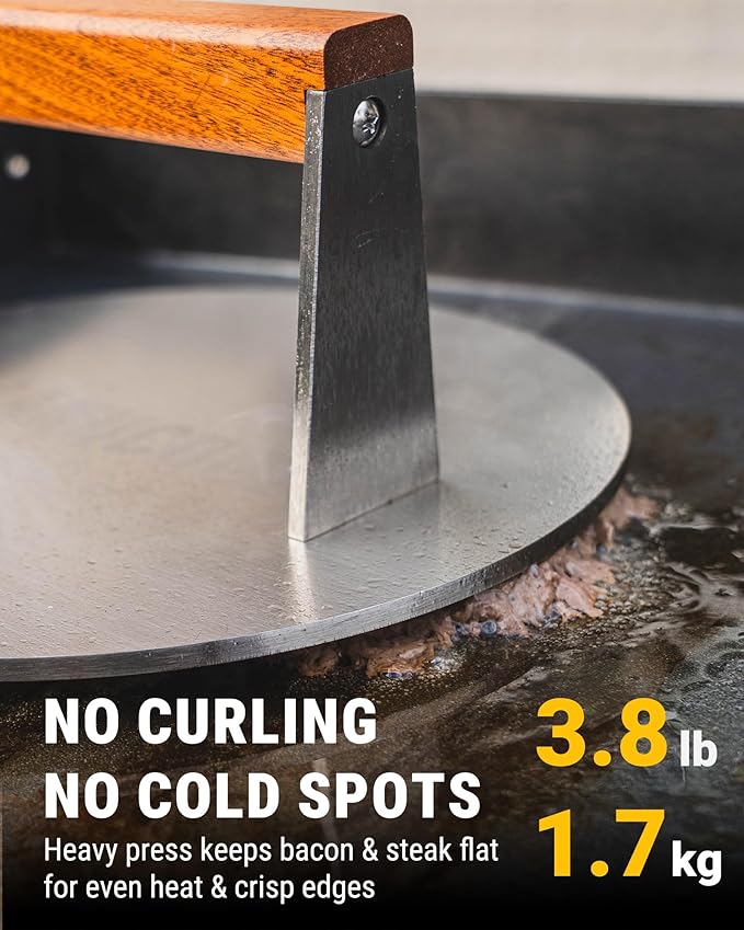 Smash Burger Press, 3.8-Lb Burger Smasher, 9-Inch Bacon Press for Batch Cooking, Stainless Steel, Easy to Clean and Seasoning Free, Heatable for Searing Panini, Steak, Chicken, Fish, Round