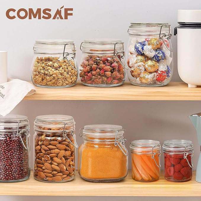 ComSaf 8oz Small Airtight Glass Jars Set of 6 with Lid Food Storage Jar Round, Mini Storage Container with Clear Preserving Seal Wire Clip Fastening for Kitchen Canning, Jam, Spice, Honey, Mason Jars