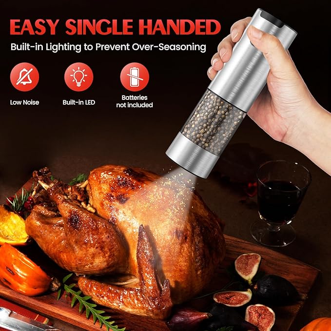 Stainless Steel Electric Salt and Pepper Grinder Set-One-Touch Battery Operated Mill with Adjustable Coarseness & LED Light, Sleek & Durable Grinder for Kitchen New Home Gift Ideas (2 Pack)