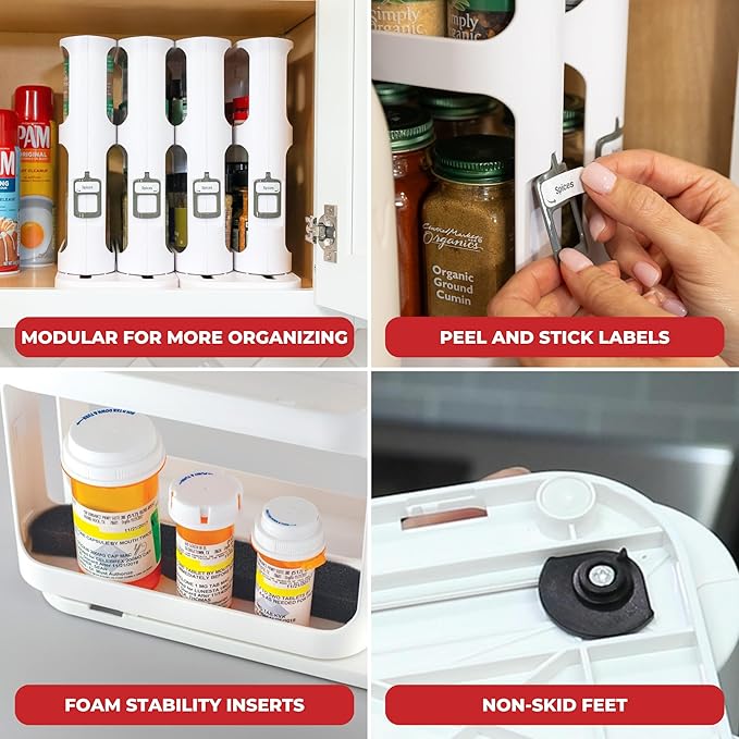 Cabinet Caddy Spice Rack Organizer for Cabinet - Slide & Rotate Kitchen Organizers and Storage - 2 Double-Decker Shelves - Non-Skid Base - Magnetic Modular Design - 10.8" H x 5.25" W x 10.8" D